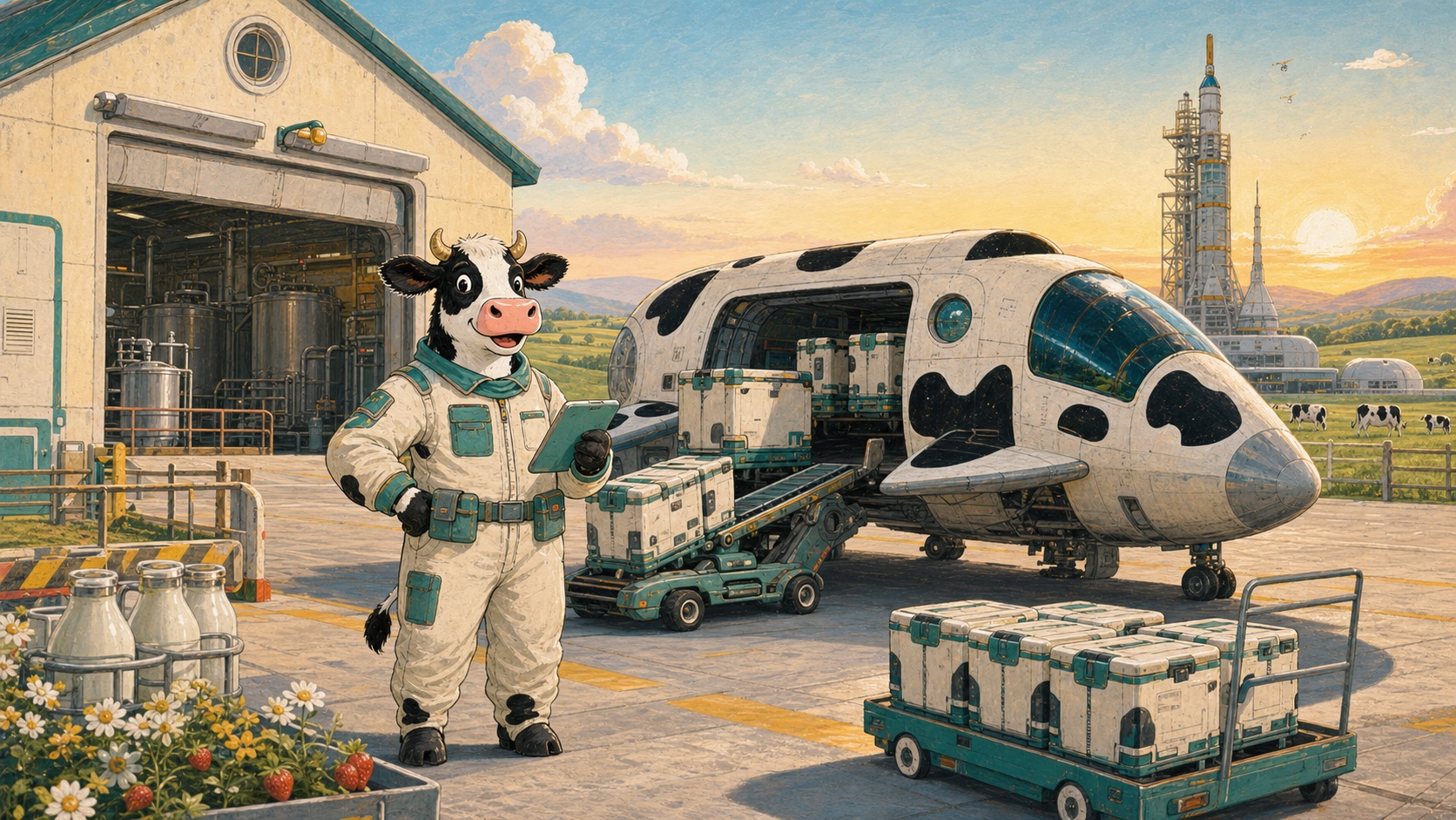 A cow courier supervises refrigerated containers loading into a cargo shuttle beside an Earthside creamery.