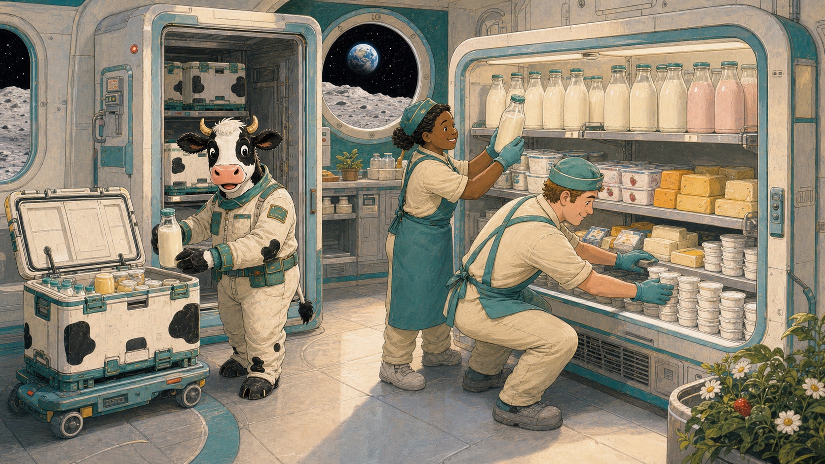A cow courier and commissary staff stock a lunar settlement cold case with assorted dairy provisions.